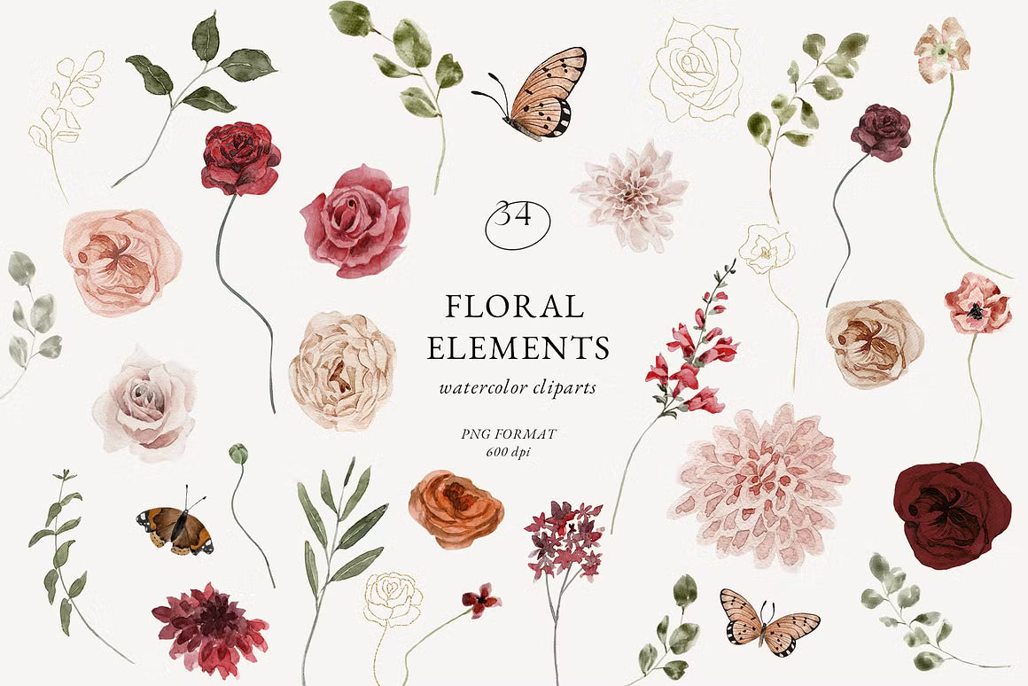 Burgundy and pink fall peach floral clipart set clipart