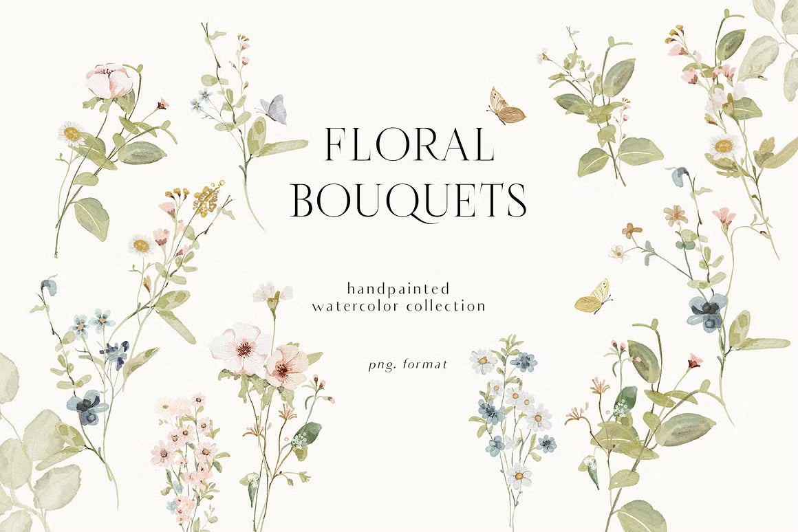 Watercolor Bunny & Wildflowers set