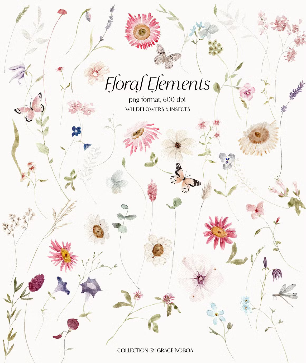 Watercolor wildflowers & Bunnies Set