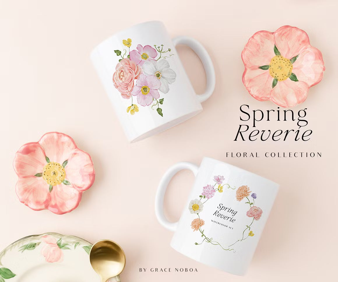 watercolor spring summer garden flowers set