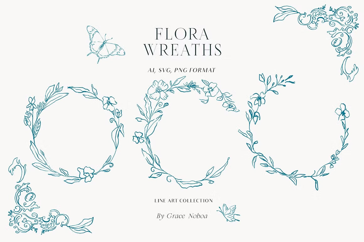 Blue Victorian vintage Line art set vector clipart