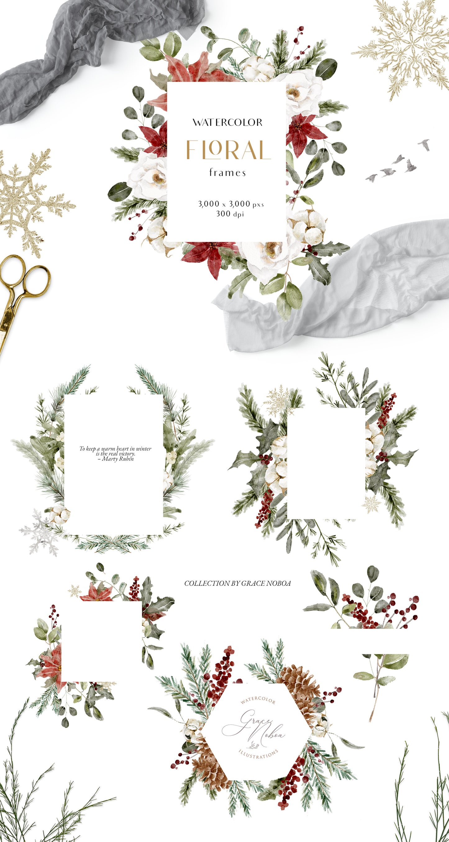 Watercolor Christmas winter grennery florals clipart