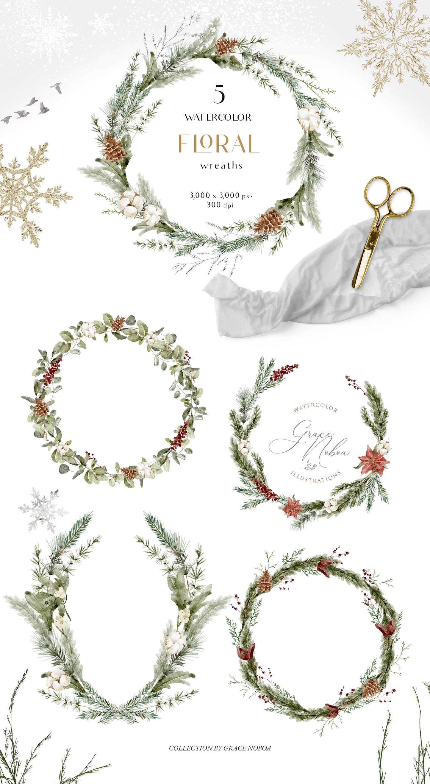 Watercolor Christmas winter grennery florals clipart
