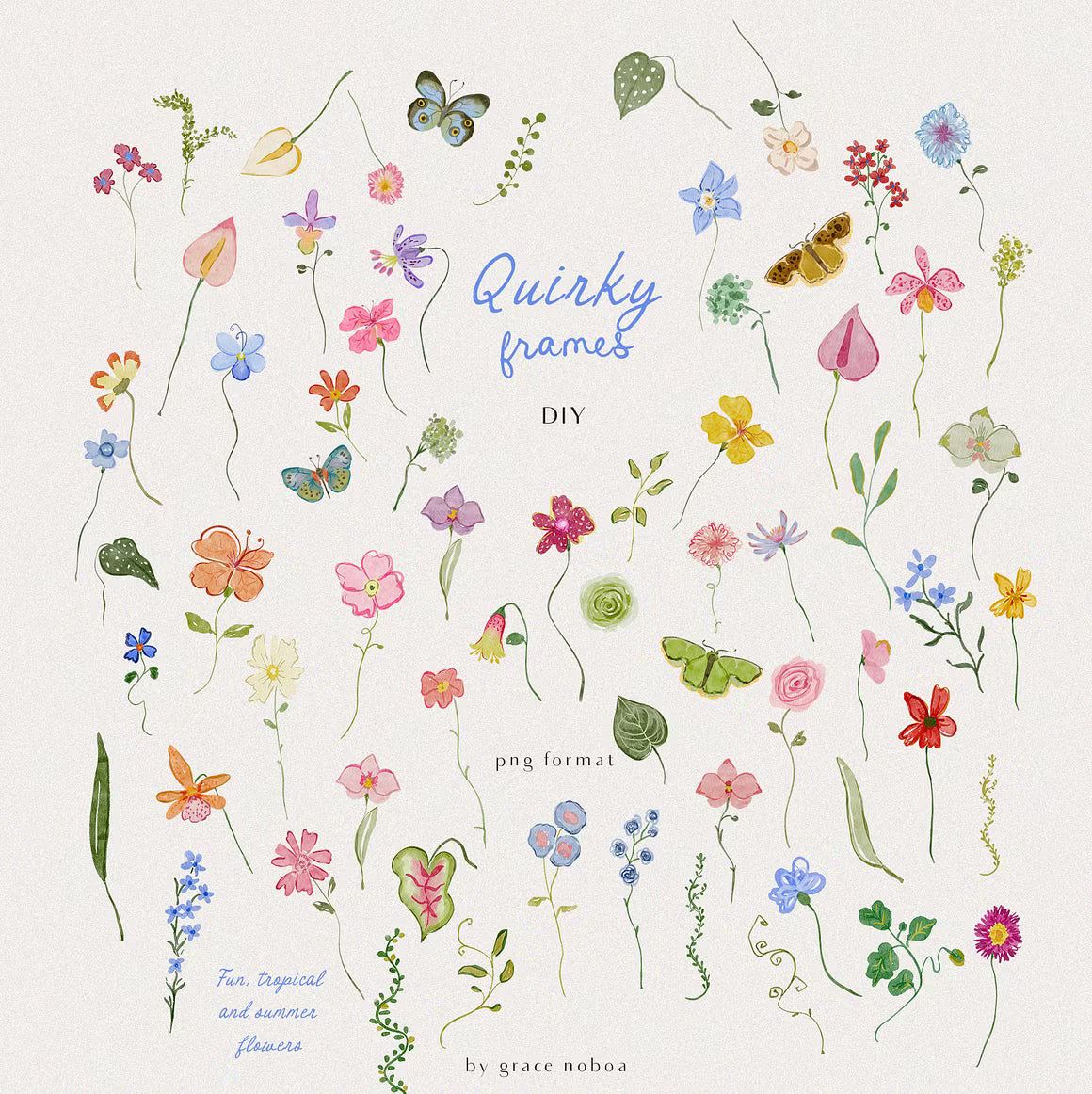 Hand-drawn quirky colorful whimsy wildflowers