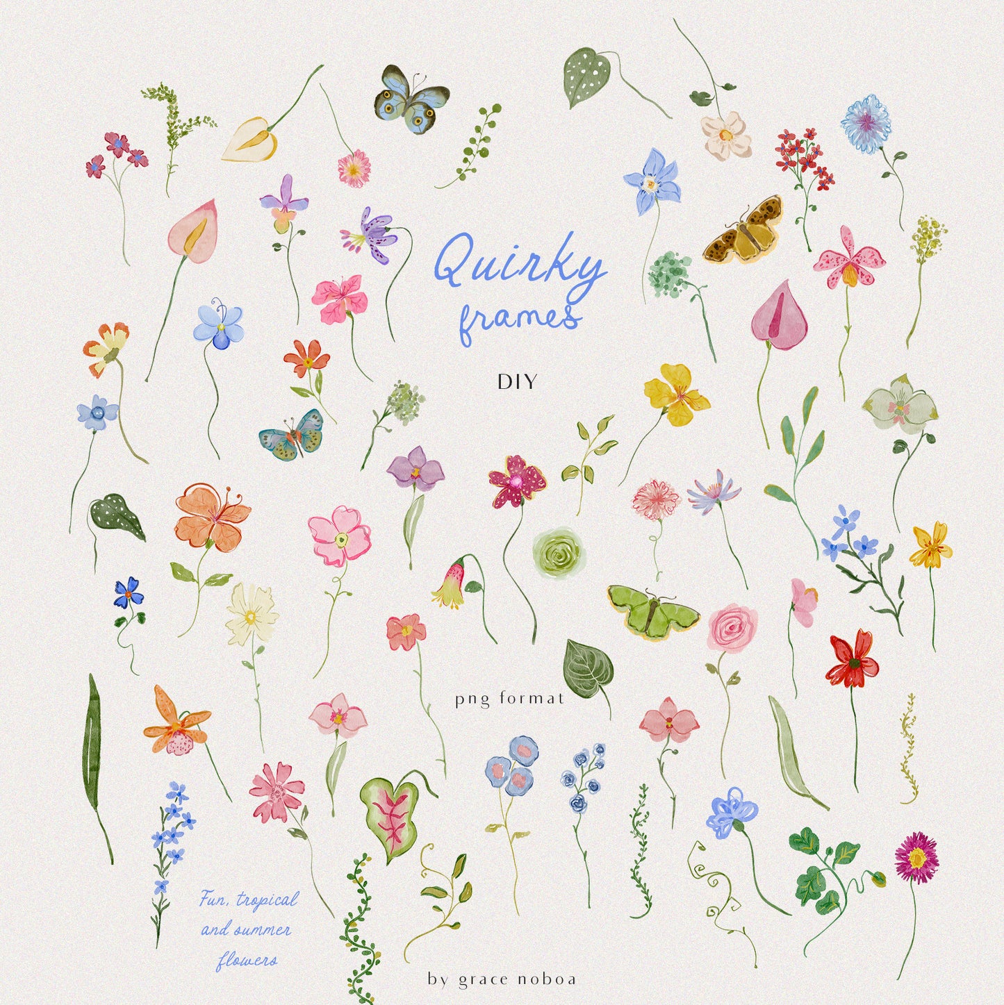 Watercolor quirky and whimsical summer spring flowers for fun and colorful stationary