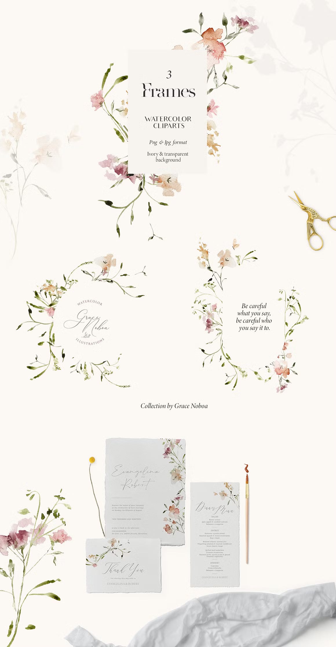 Subtle delicate peach & pink flowers watercolor clipart