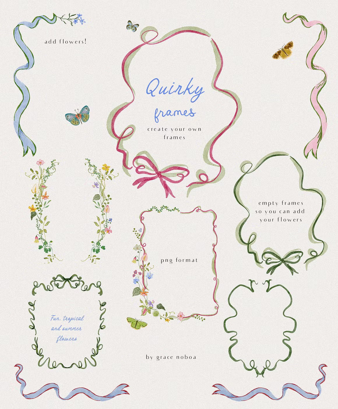 Hand-drawn quirky colorful whimsy wildflowers