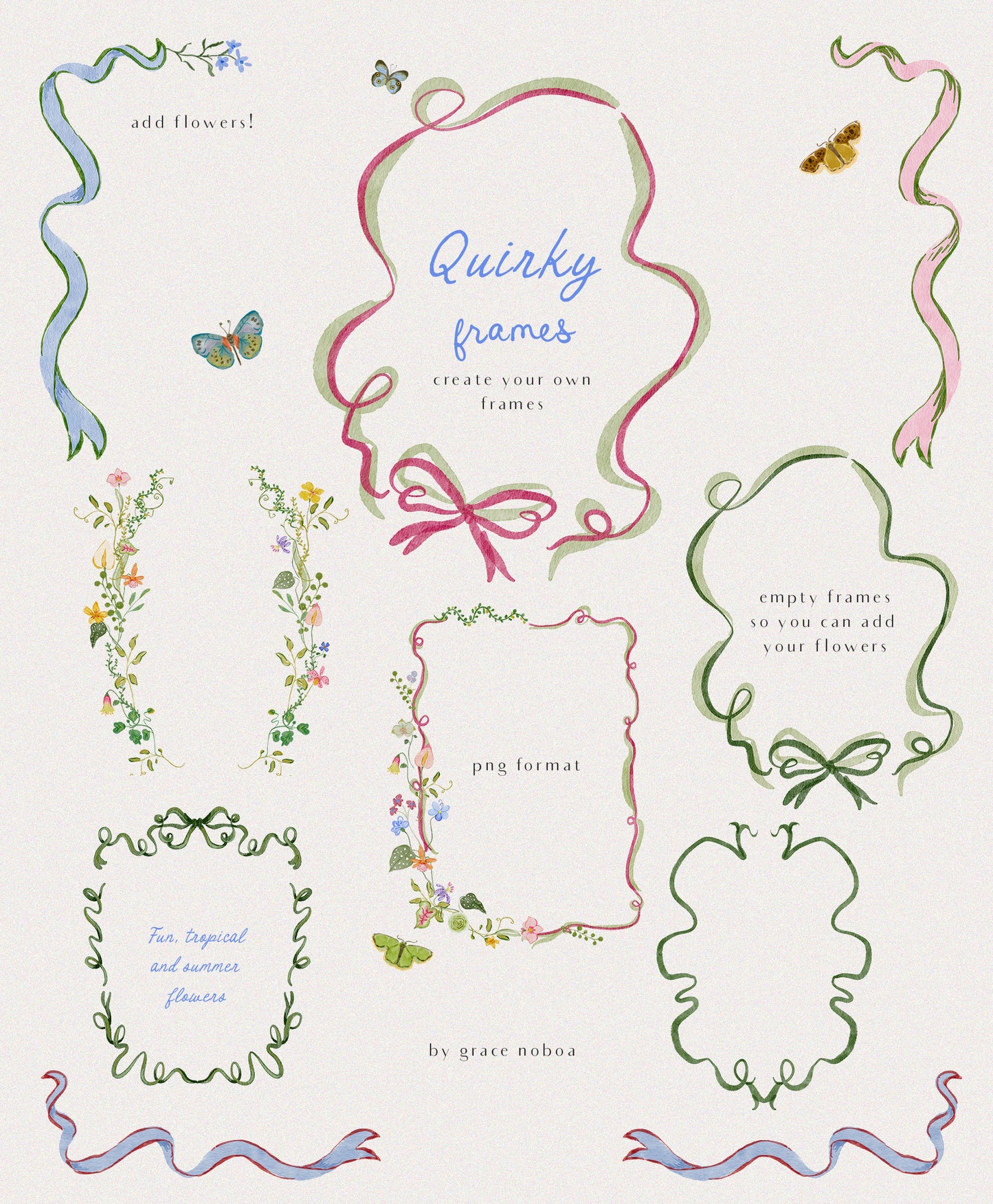 Watercolor quirky and whimsical summer spring flowers for fun and colorful stationary