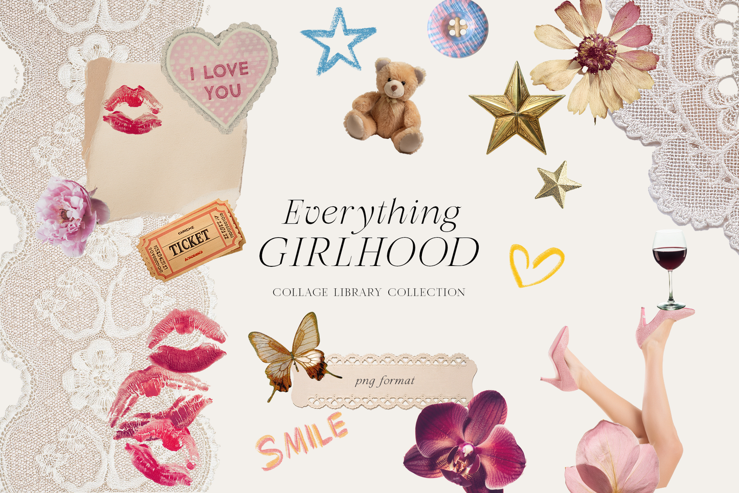 Girlhood collage scrapbook png lace bows