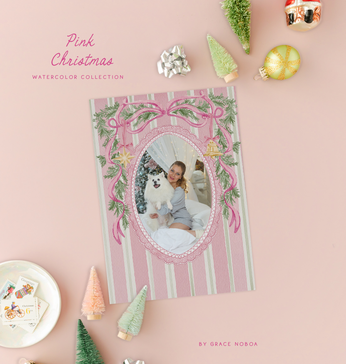 Pink Christmas coquette floral santa claus, grandmillenial holiday