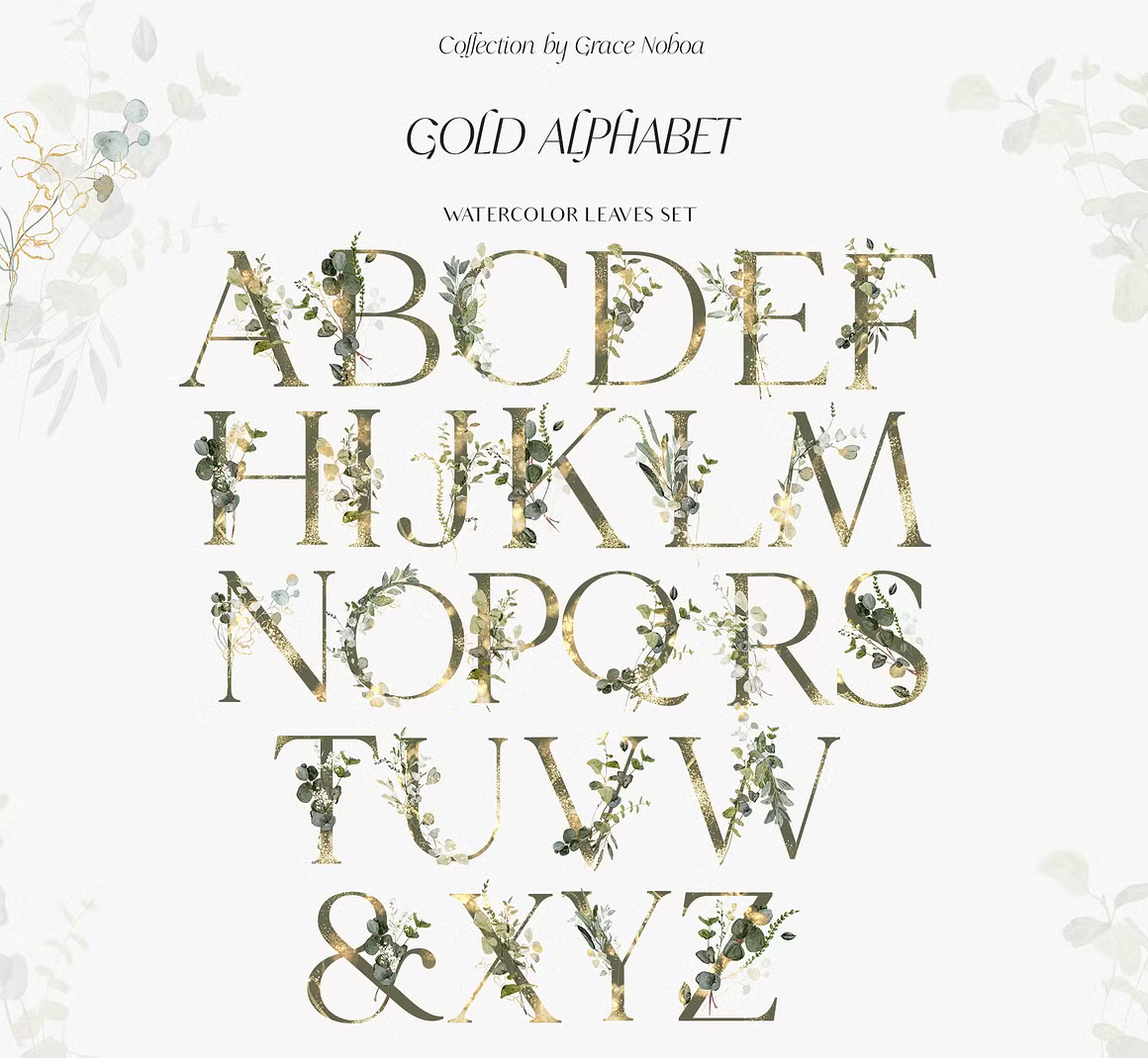 Greenery foliage & gold Leaves watercolor clipart