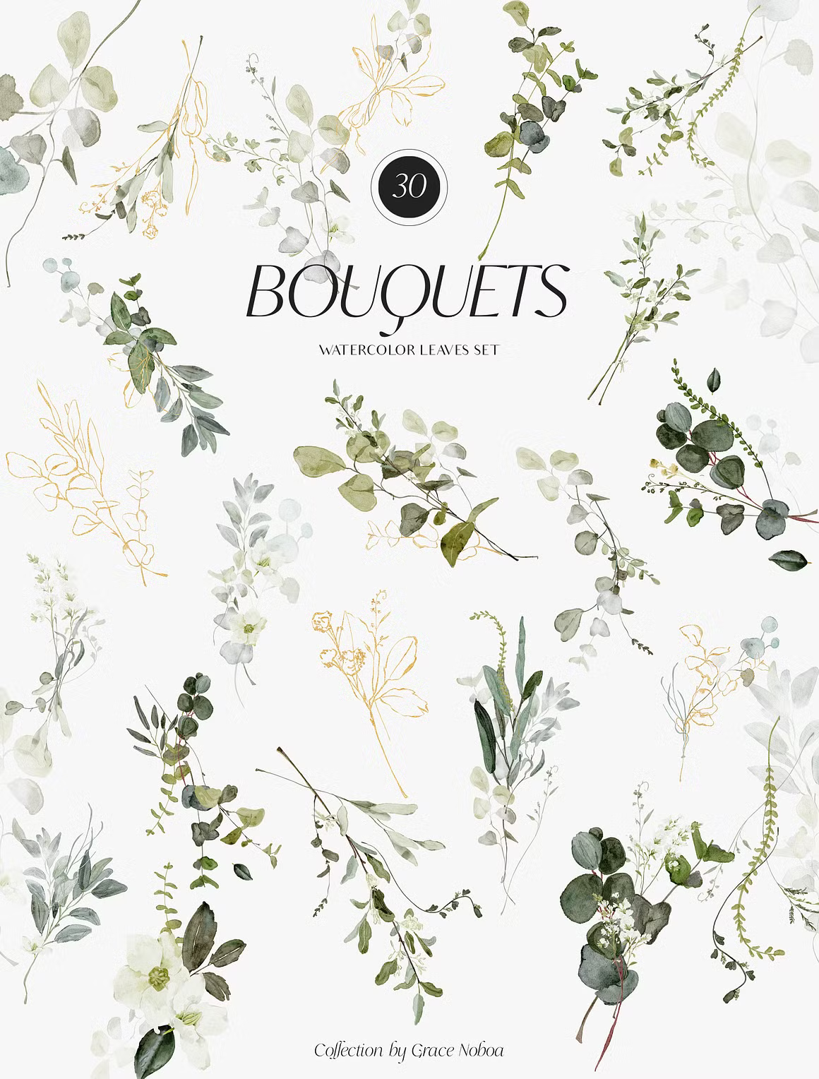 Greenery foliage & gold Leaves watercolor clipart
