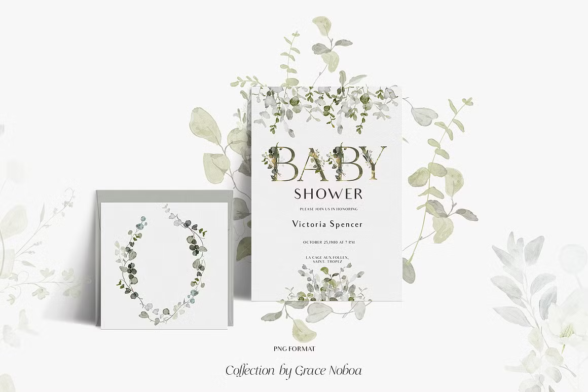 Greenery foliage & gold Leaves watercolor clipart