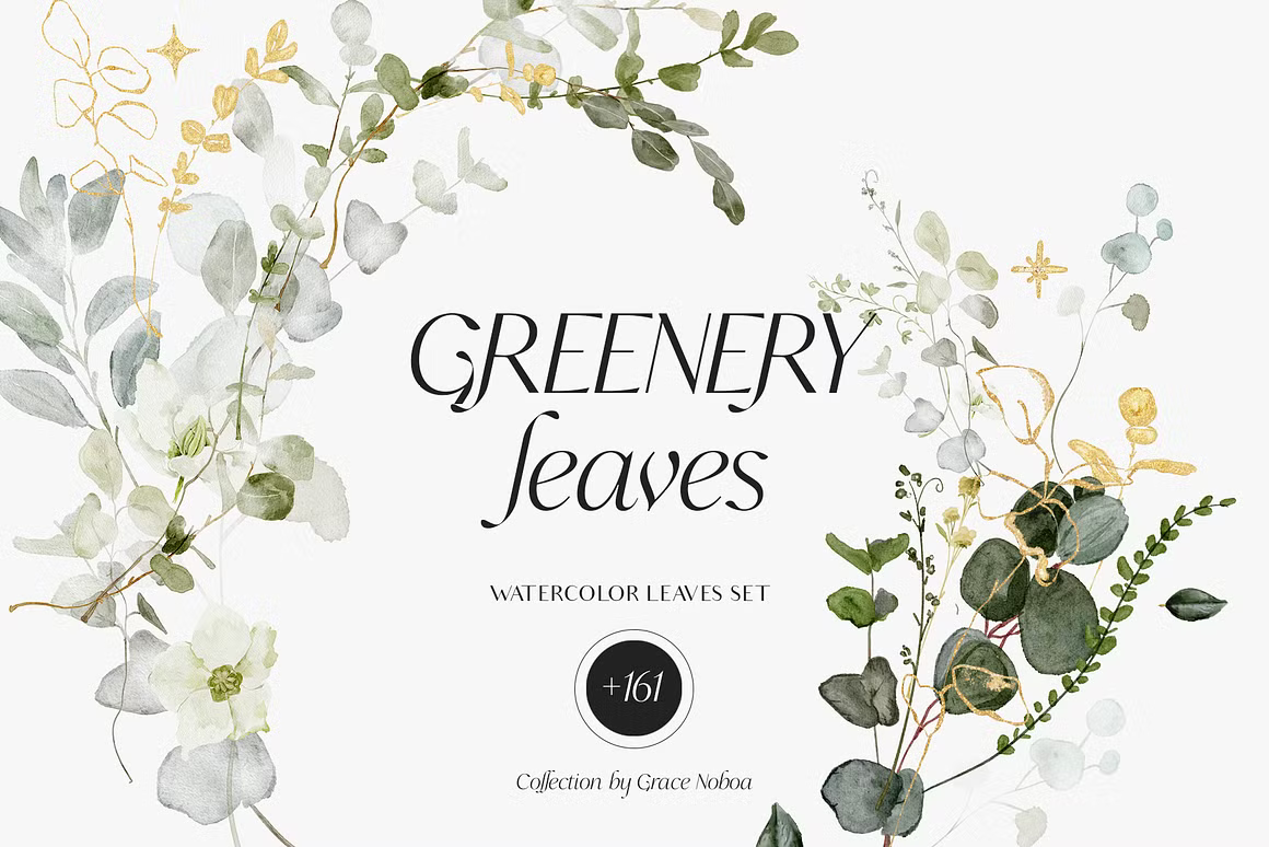 Greenery foliage & gold Leaves watercolor clipart