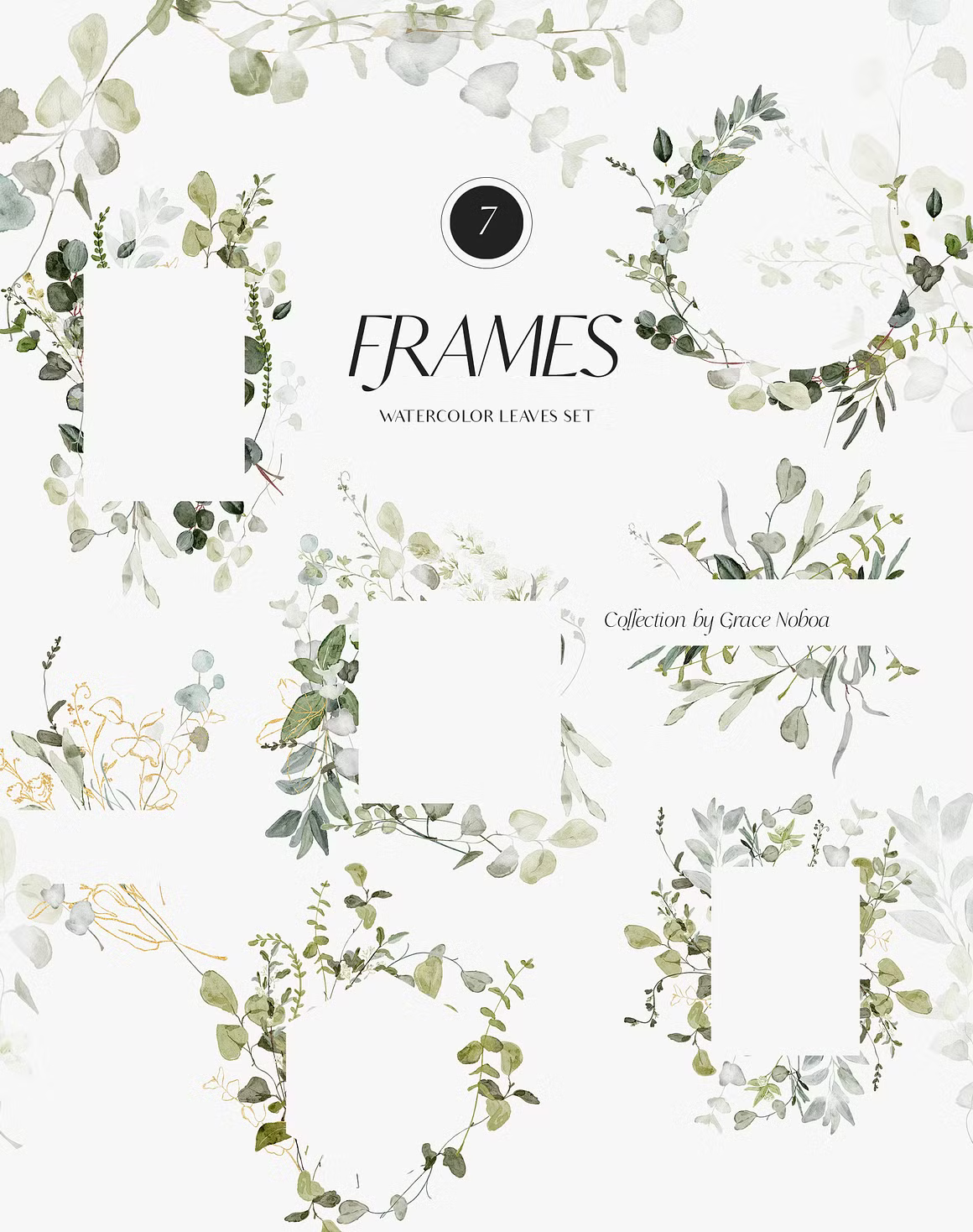 Greenery foliage & gold Leaves watercolor clipart