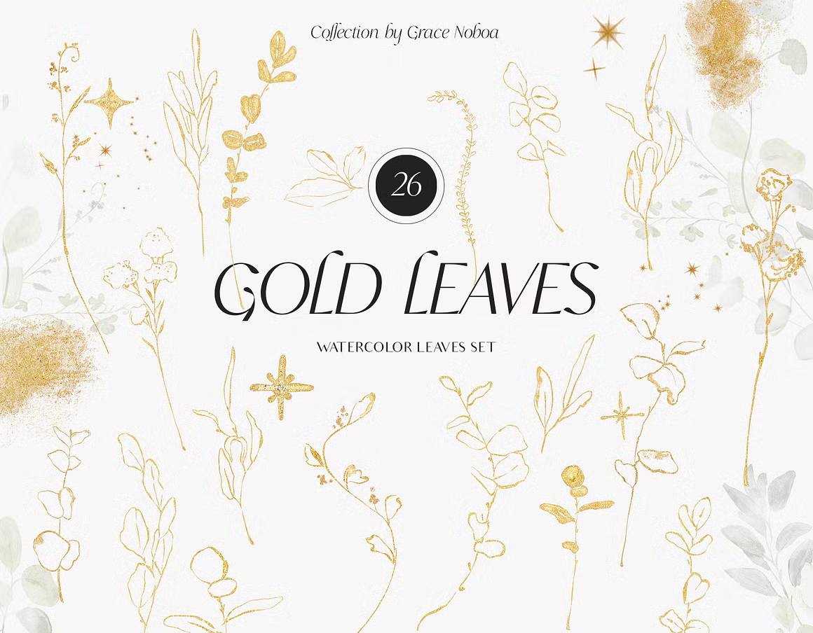 Greenery foliage & gold Leaves watercolor clipart