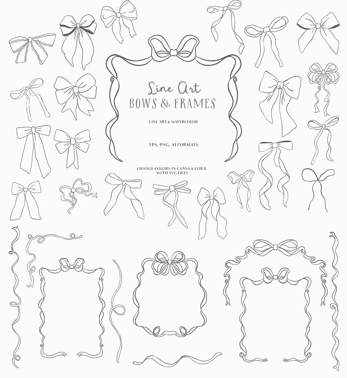 Watercolor Line art Bows Ribbons Set