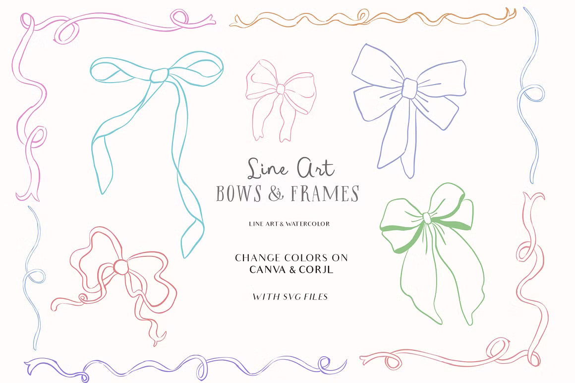 Watercolor Line art Bows Ribbons Set