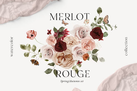 Burgundy and pink fall peach floral clipart set clipart