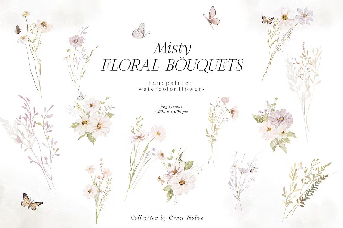 Watercolor wildflowers floral set