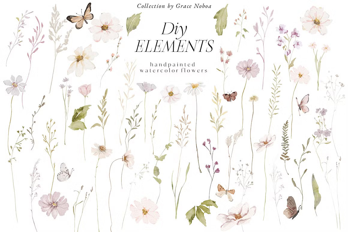 Watercolor wildflowers floral set