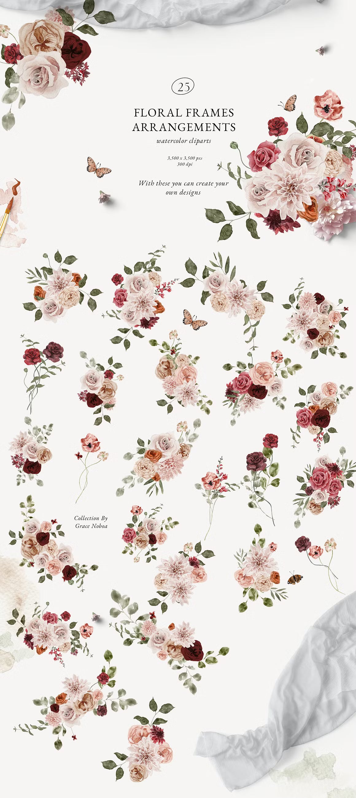 Burgundy and pink fall peach floral clipart set clipart