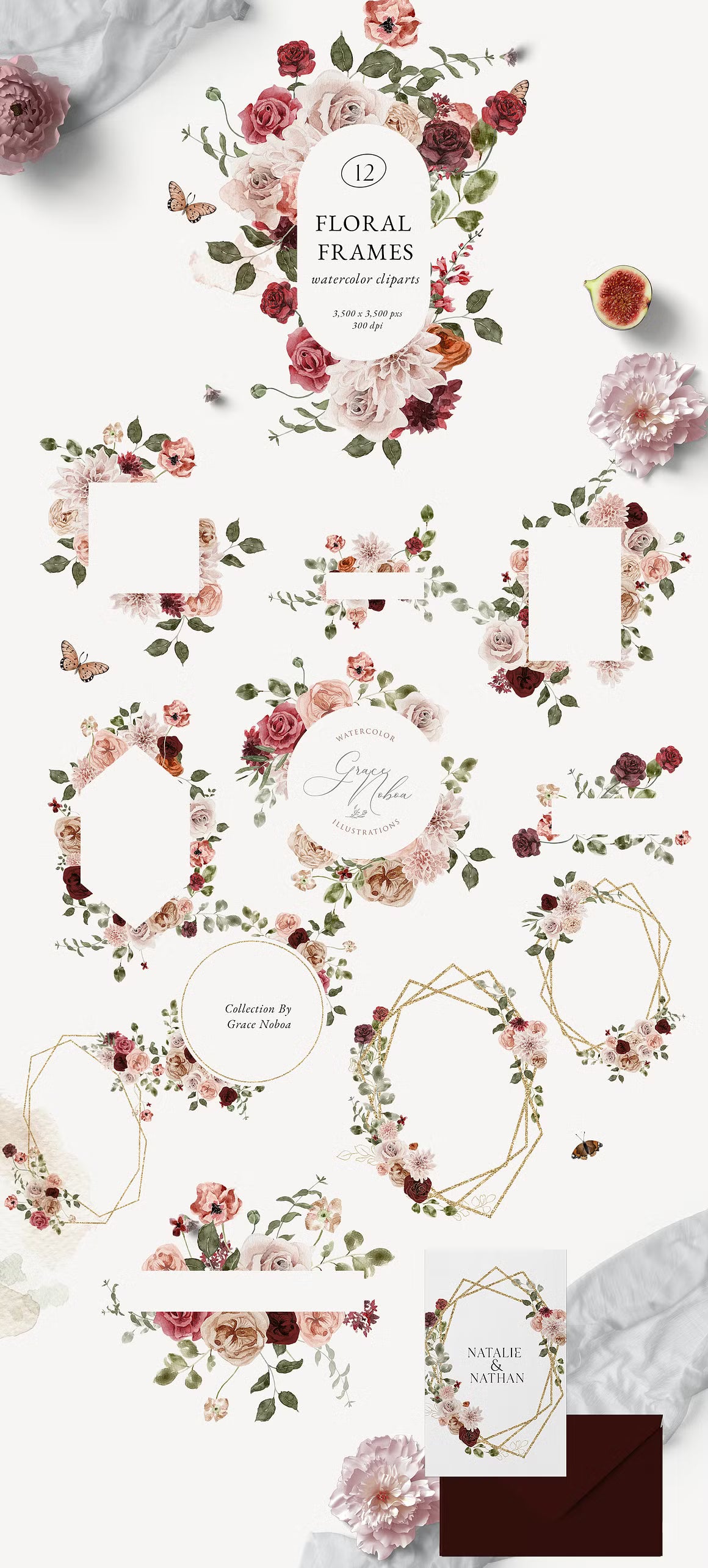 Burgundy and pink fall peach floral clipart set clipart