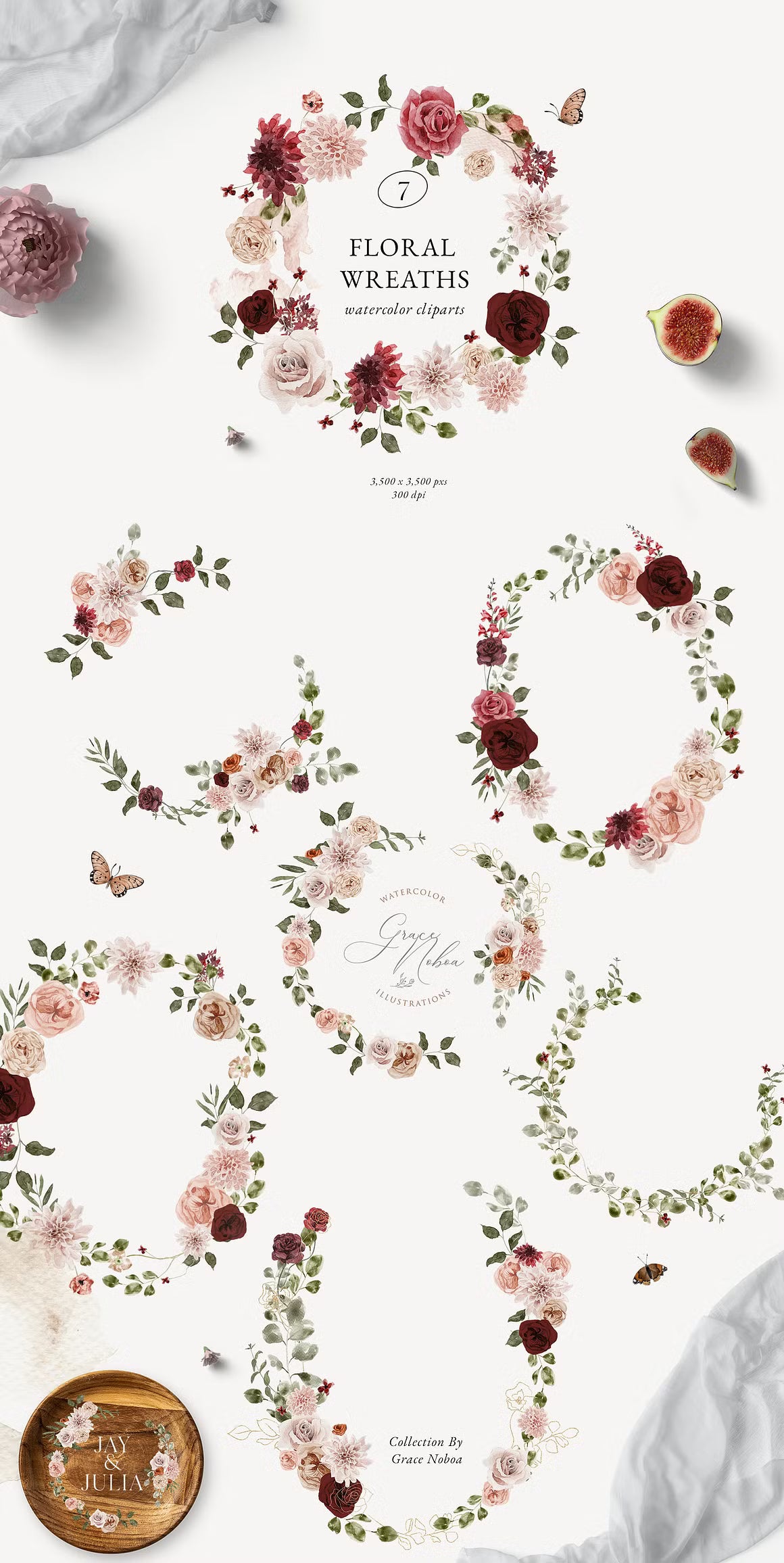 Burgundy and pink fall peach floral clipart set clipart