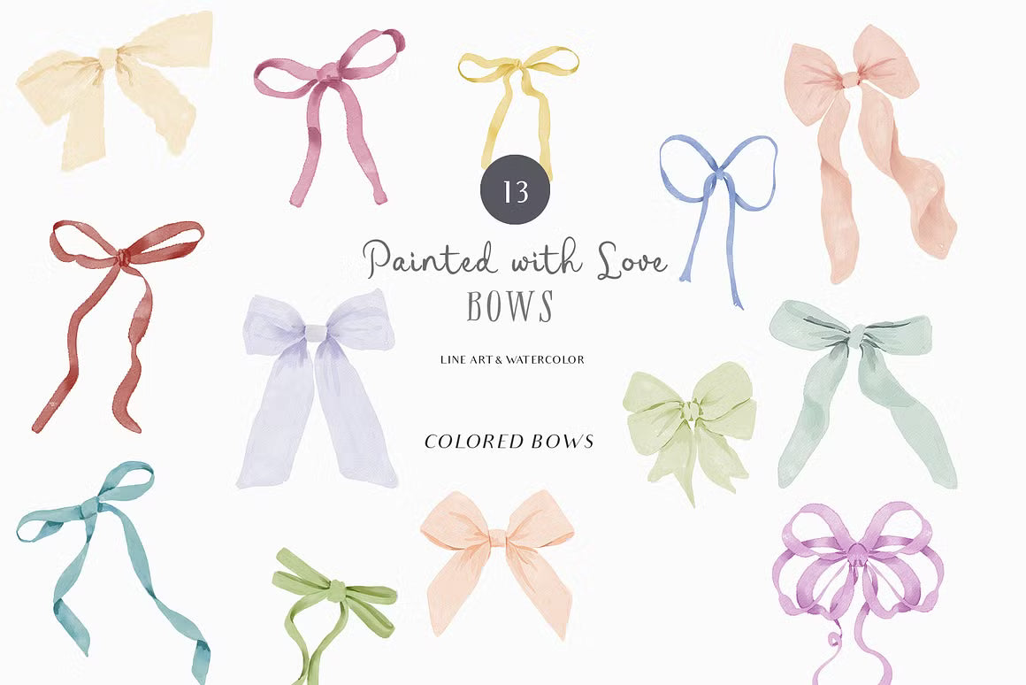 Watercolor Line art Bows Ribbons Set