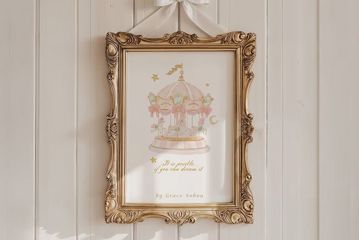 Watercolor Carousel unicorn ballerina pink circus swan clipart