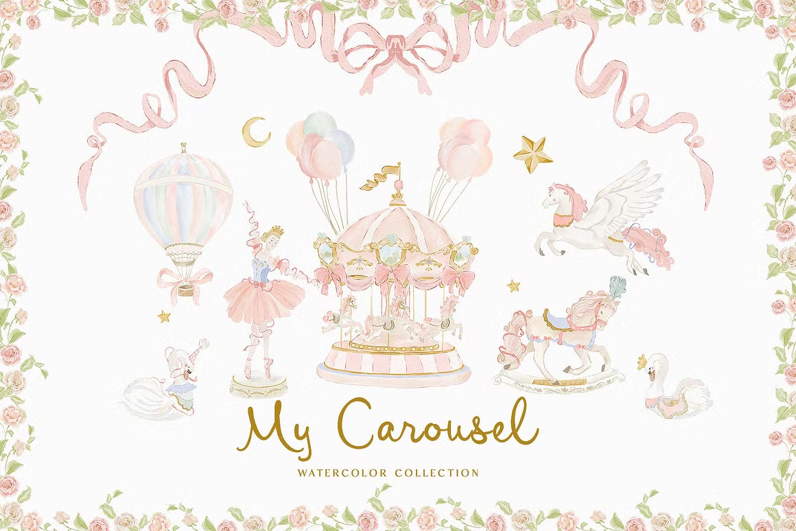 Watercolor Carousel unicorn ballerina pink circus swan clipart