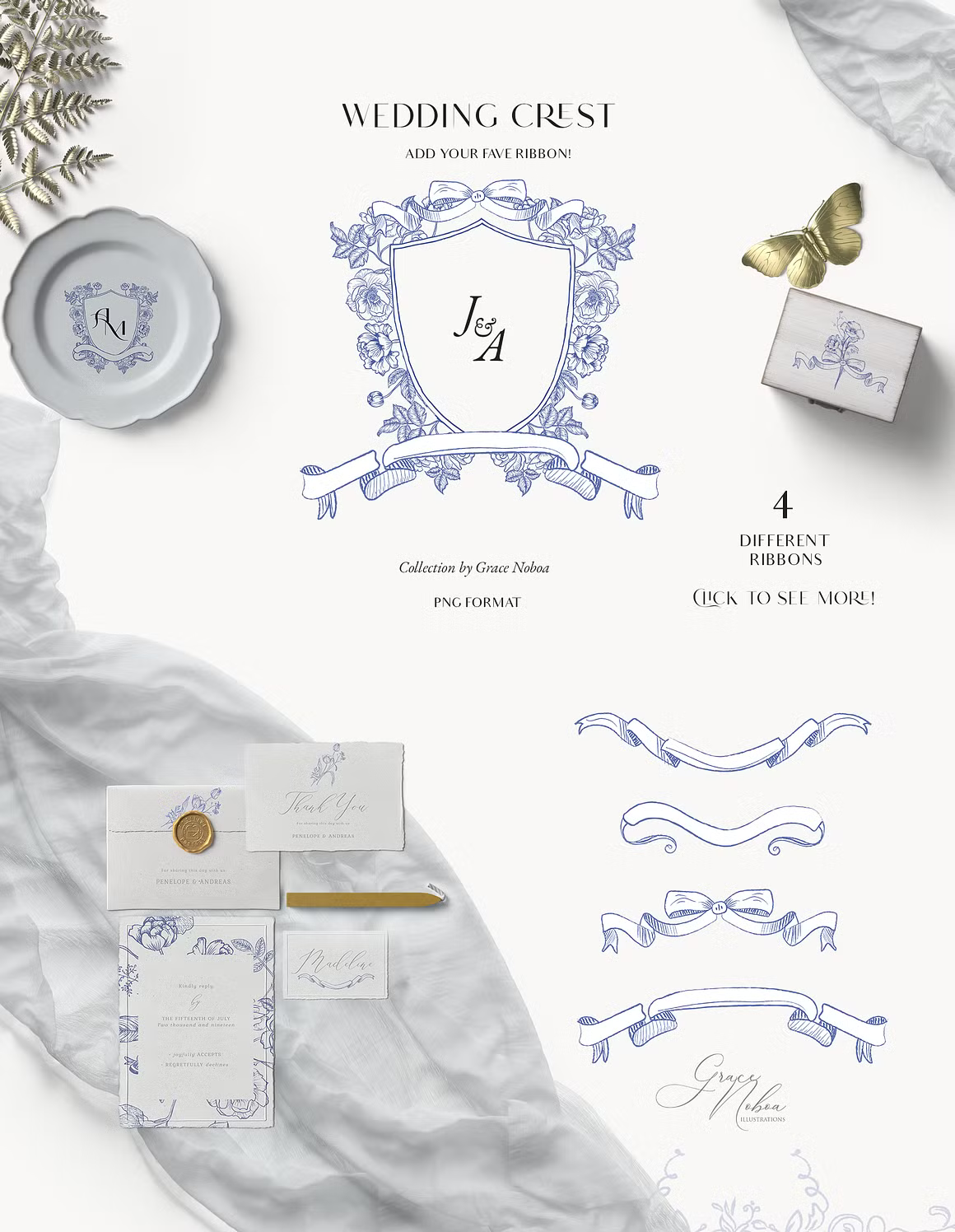 Blue Victorian & Chinoiserie line art set