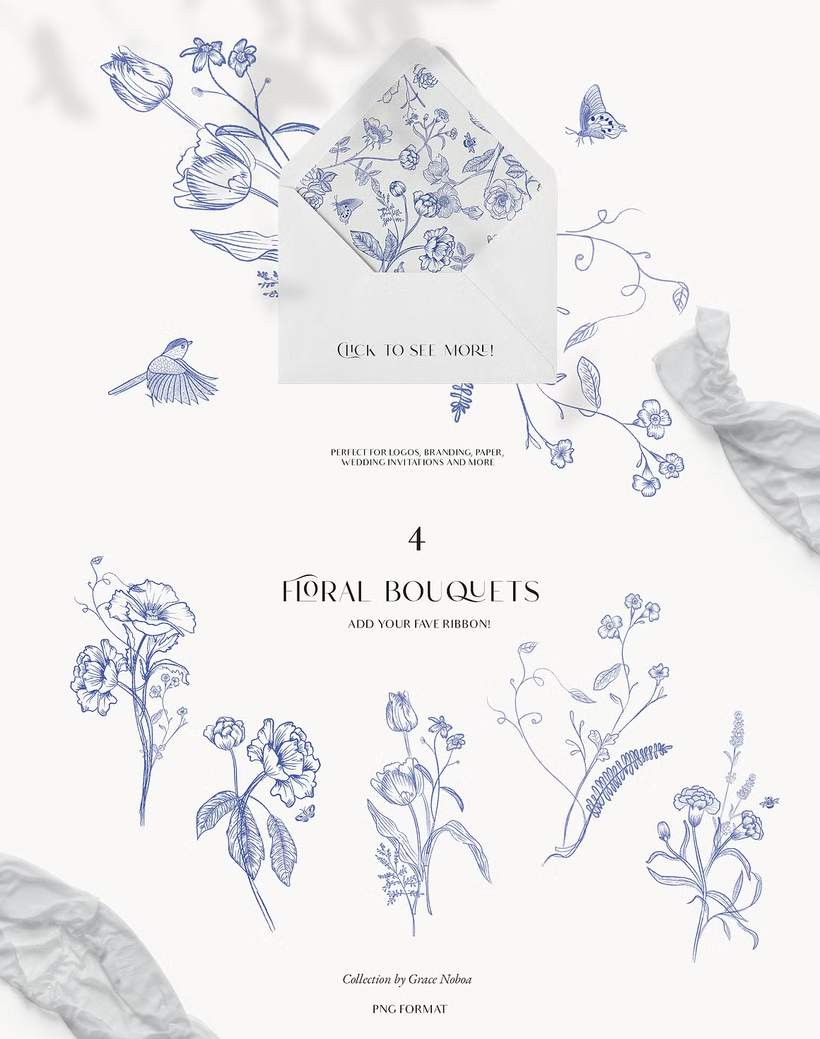 Blue Victorian & Chinoiserie line art set