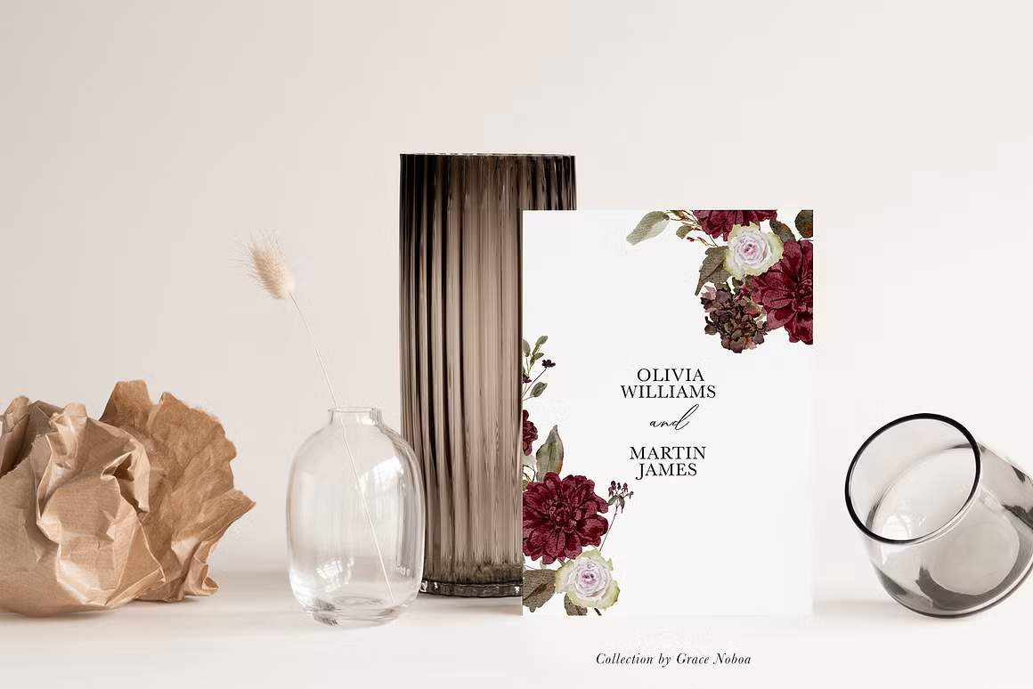 Burgundy & Blush Watercolor autumnal Florals clipart