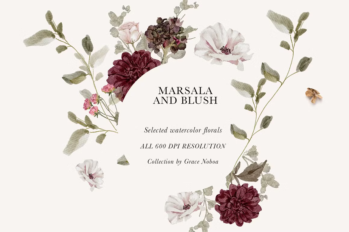 Burgundy & Blush Watercolor autumnal Florals clipart