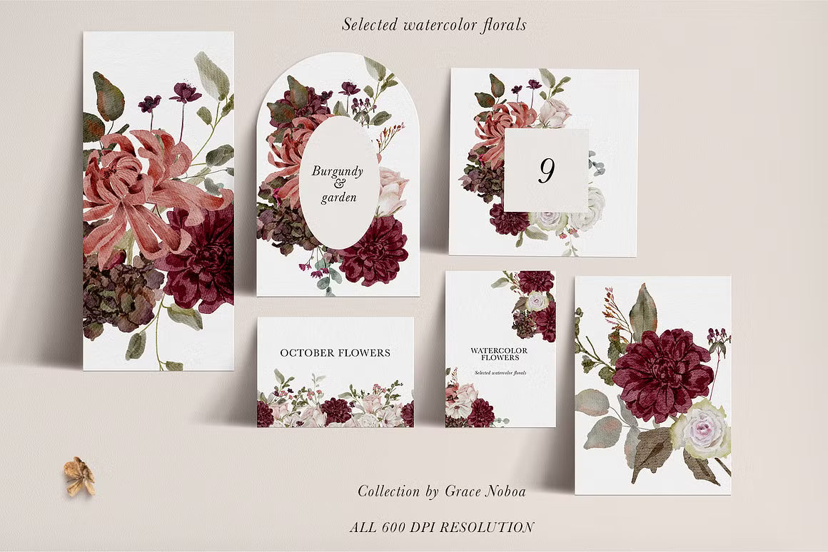 Burgundy & Blush Watercolor autumnal Florals clipart