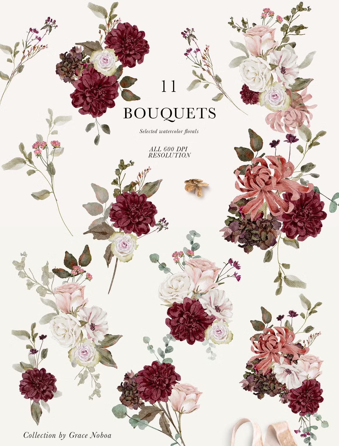 Burgundy & Blush Watercolor autumnal Florals clipart
