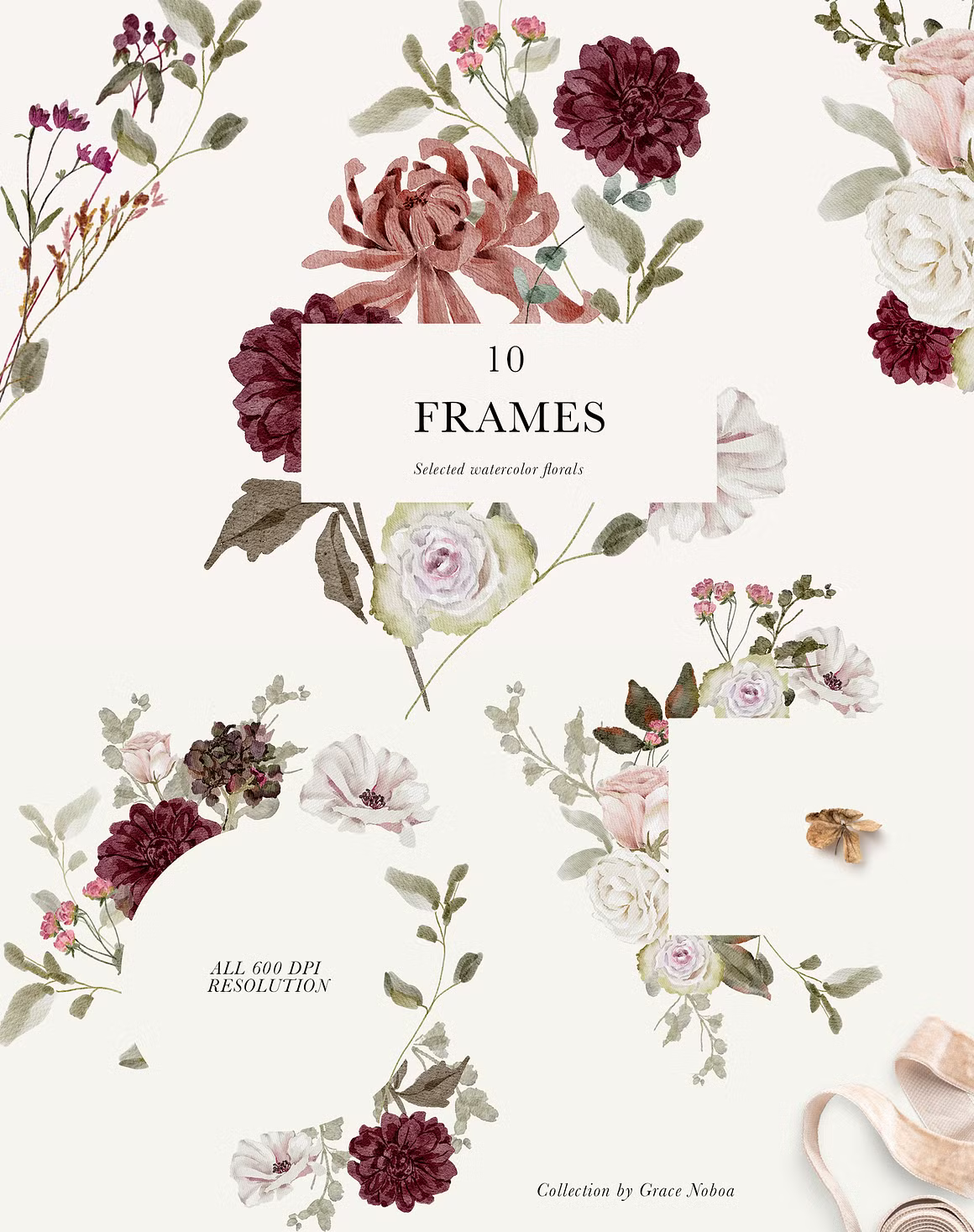 Burgundy & Blush Watercolor autumnal Florals clipart