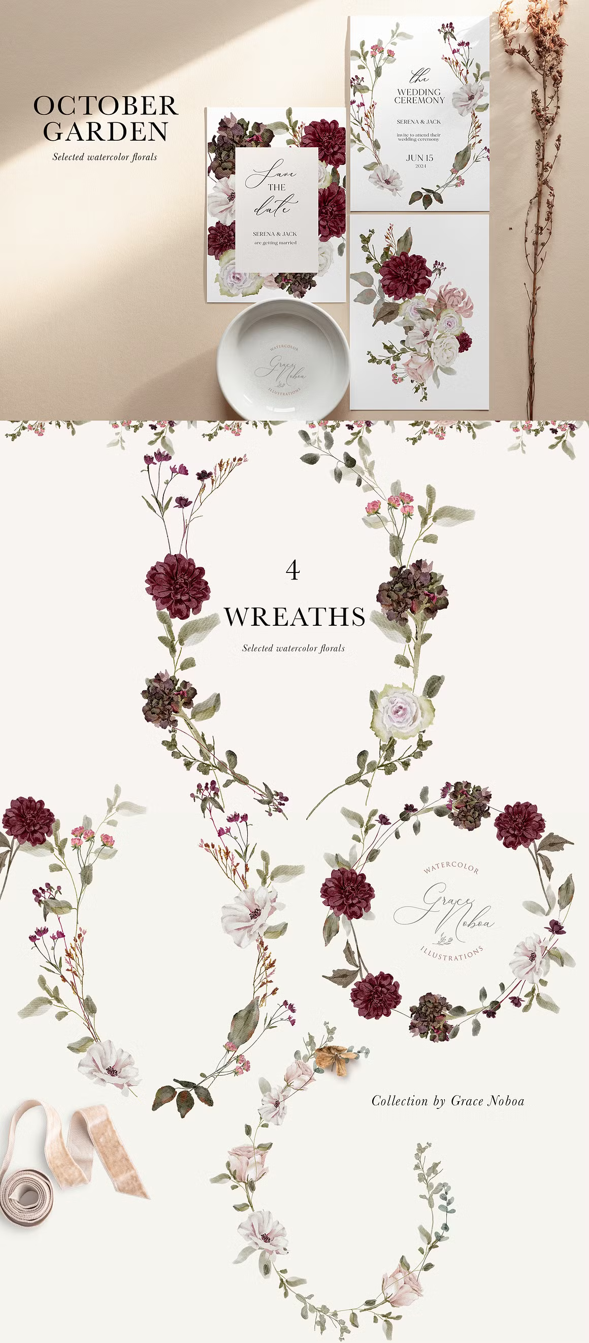 Burgundy & Blush Watercolor autumnal Florals clipart