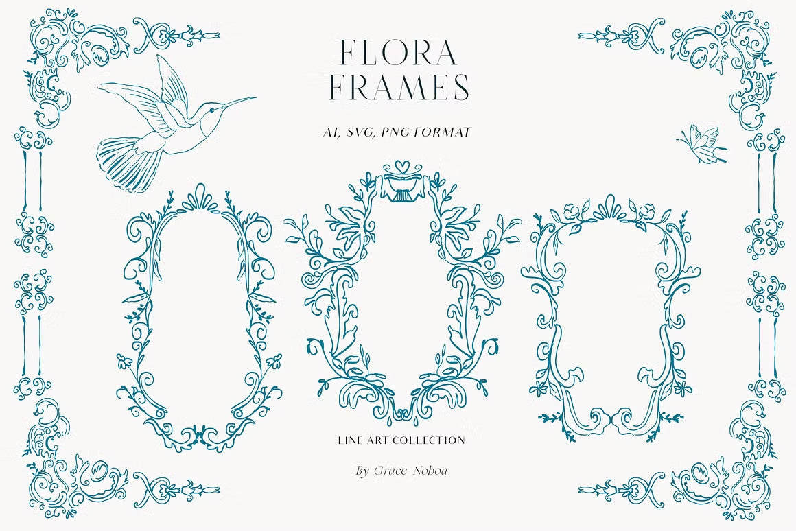 Blue Victorian vintage Line art set vector clipart