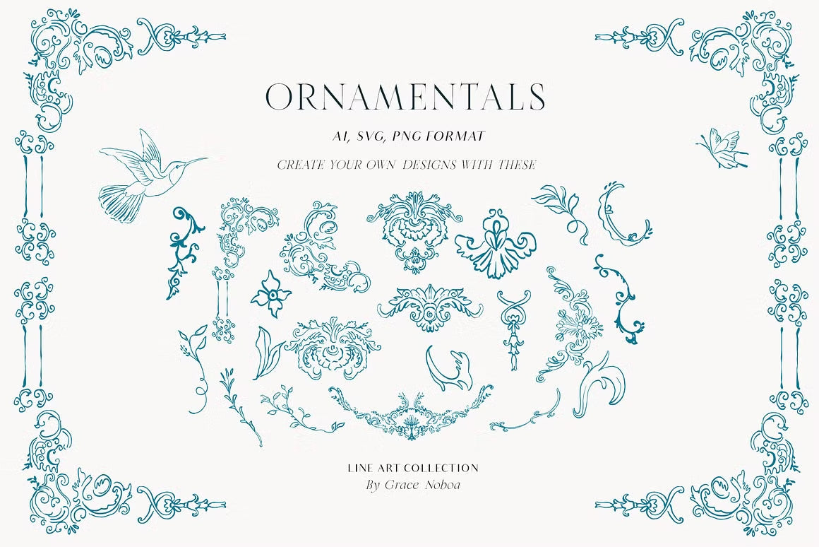 Blue Victorian vintage Line art set vector clipart