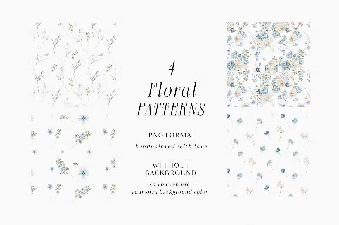 Watercolor Blue White flowers peonies and roses cliparts