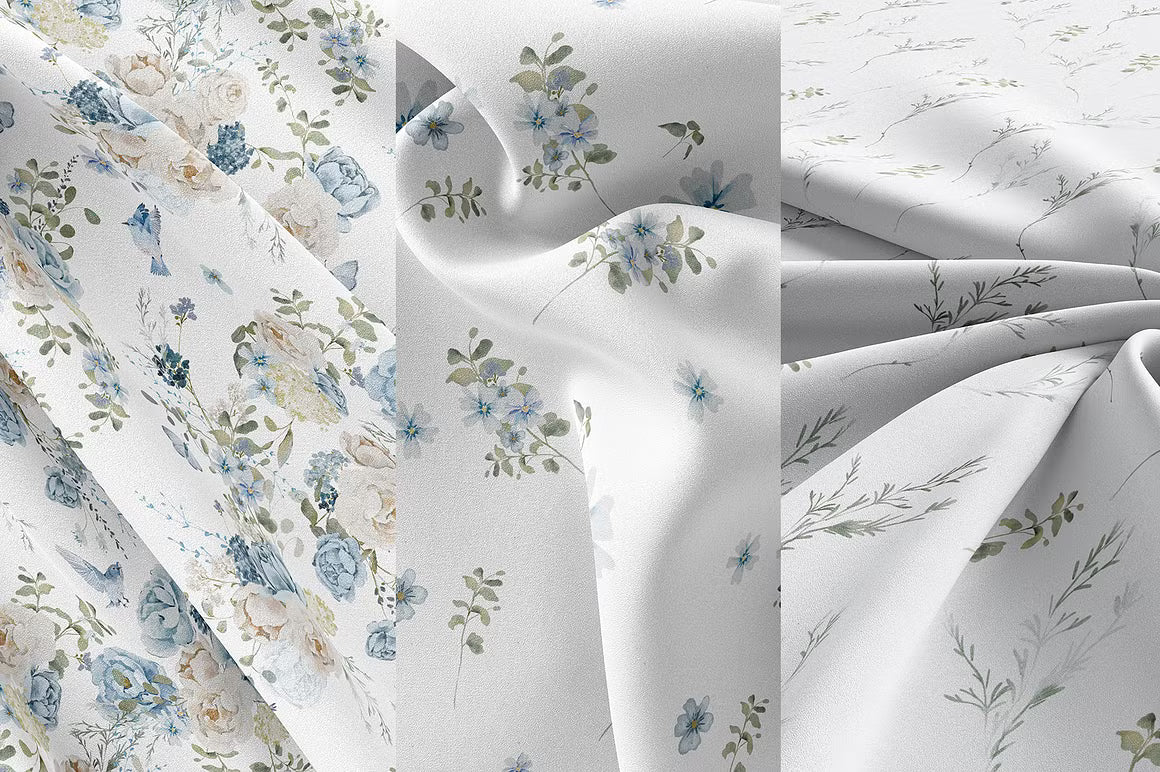 Watercolor Blue White flowers peonies and roses cliparts