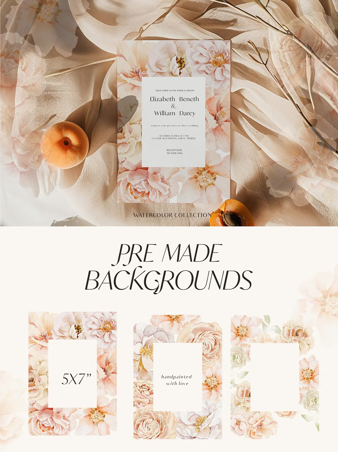 Peach watercolor flowers collection clipart