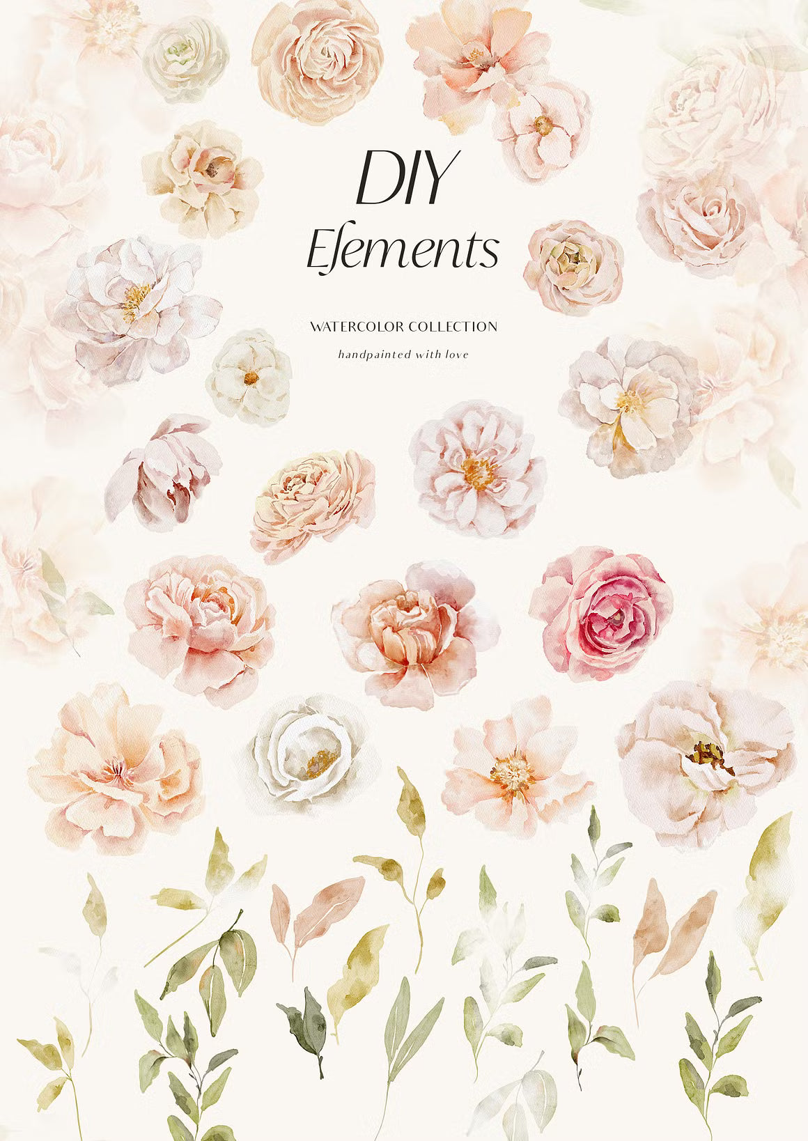 Peach watercolor flowers collection clipart