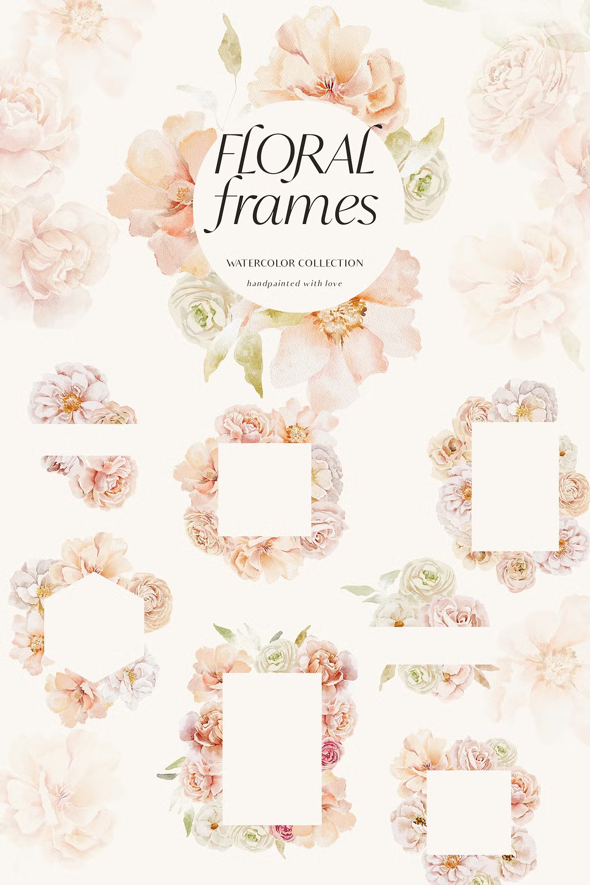 Peach watercolor flowers collection clipart