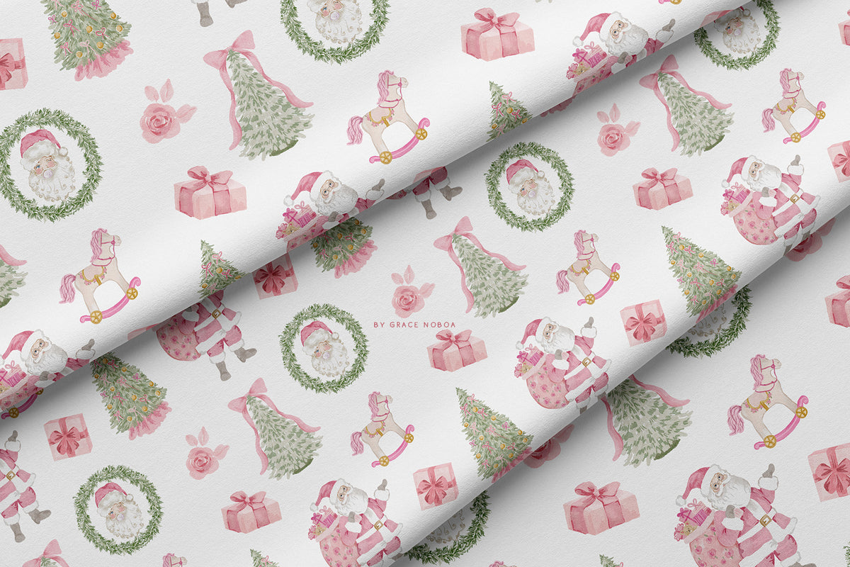 Watercolor grandmillenial pink christmas chinoiserie holiday pattern nutcracker