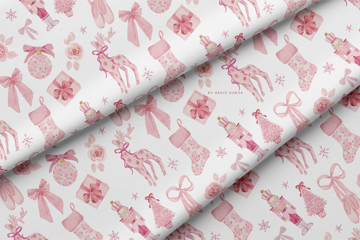 Watercolor grandmillenial pink christmas chinoiserie holiday pattern santa claus