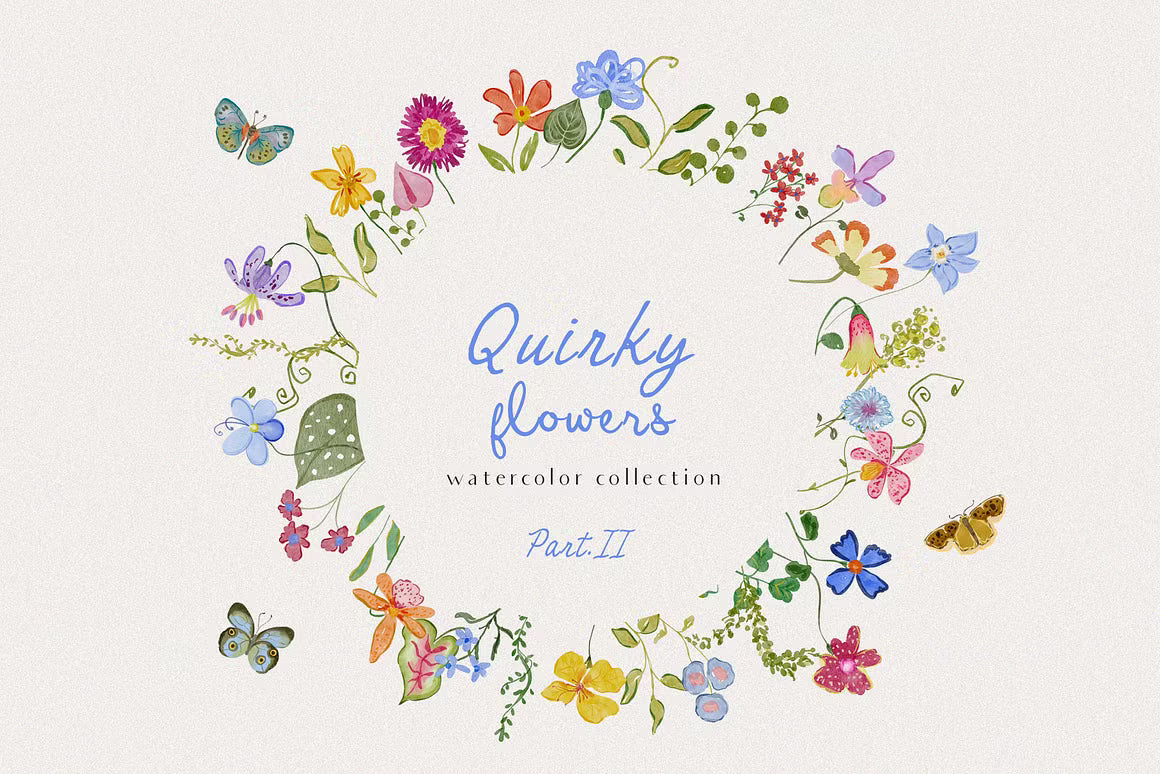 Hand-drawn quirky colorful whimsy wildflowers