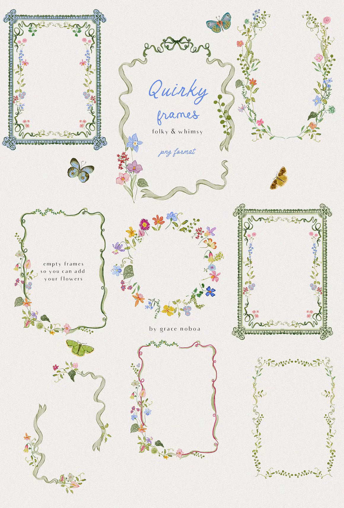 Hand-drawn quirky colorful whimsy wildflowers